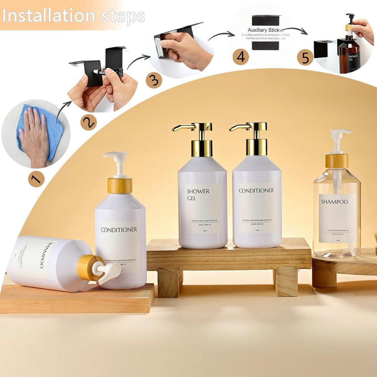 SEIFENSPENDER 3-teiliges Set Wandmontage Weiß Gold 500ml - Weiß, Kunststoff (23/20/8cm)