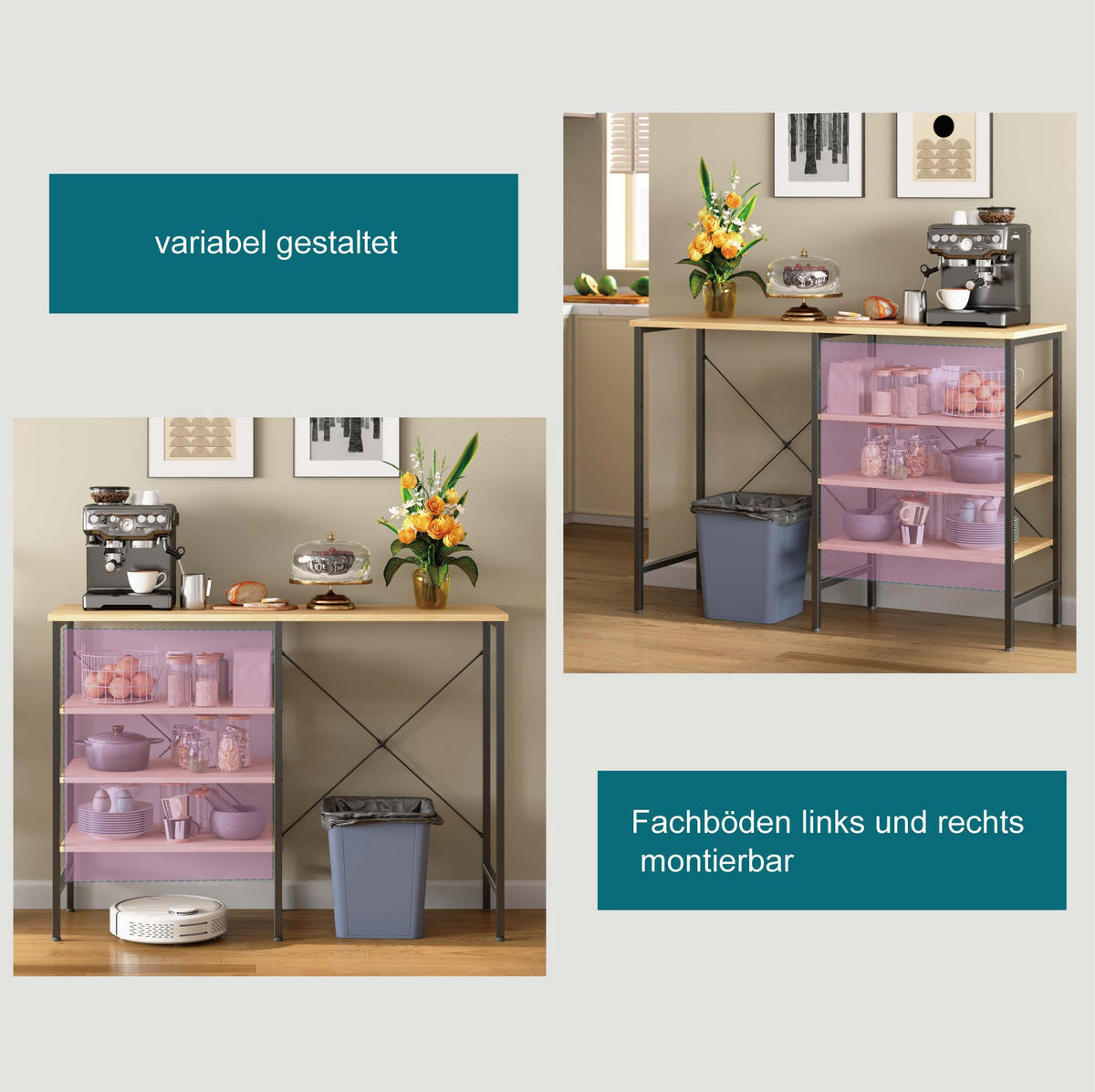 SIDEBOARD 120/40/85,5 cm mit flexibel montierbaren Regalen, Metallgestell und höhenverstellbaren Füßen, Schwarz/Natur - Schwarz, Holzwerkstoff (120/85/40cm) - Redom