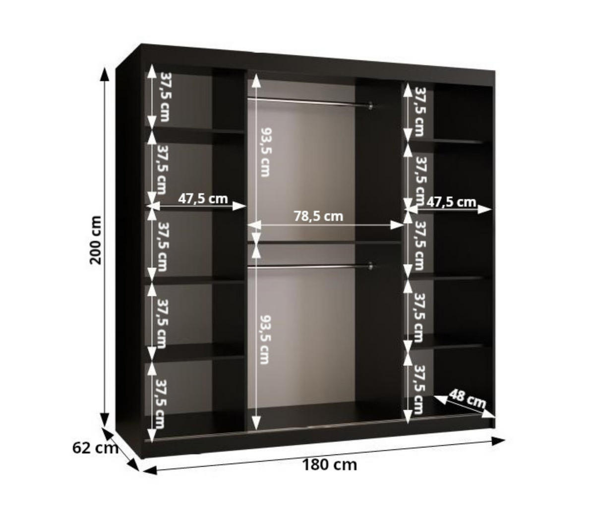 SCHWEBETÜRENSCHRANK 200/180/62 2-türig - Eichefarben/Schwarz, Holz/Kunststoff (180/200/62cm) - MÖBEL KRYSPOL