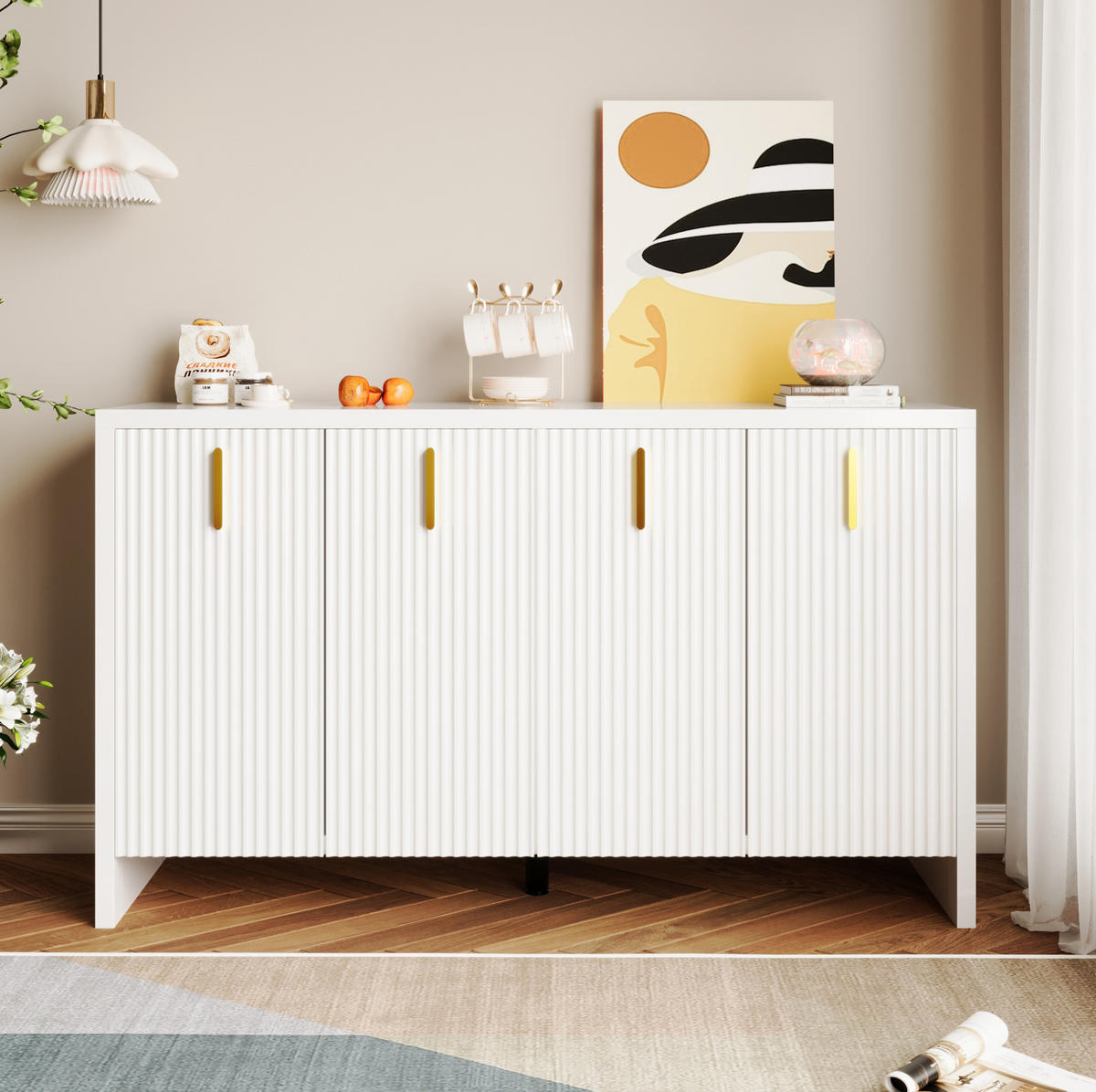SIDEBOARD 140/38/80 cm in Weiß mit 4 Türen & goldfarbenen Griffen - Weiß, Holzwerkstoff (140/80/38cm) - BEAOK
