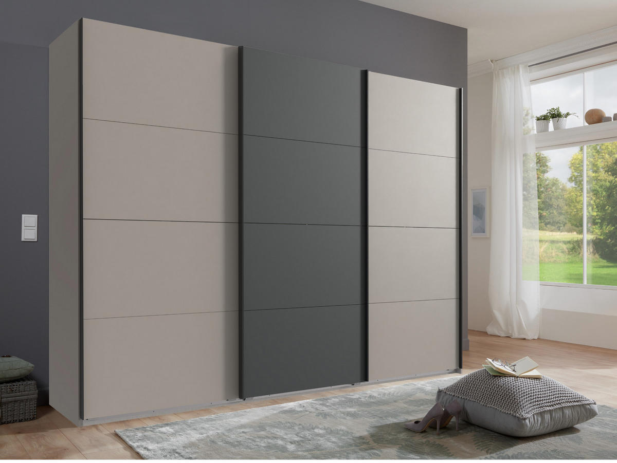SCHWEBETÜRENSCHRANK 3-türig 270/210/65 cm, Kleiderstangen, Einlegeböden, Weiß mit Absetzungen in grauer Stahl-Optik / 22003 - Sandfarben/Anthrazit, Holzwerkstoff/Metall (270/208/65cm) - luma-home