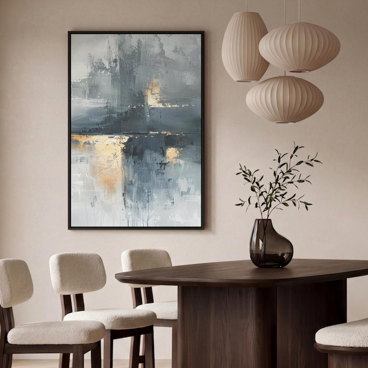 LEINWAND Bilder mit Rahmen - Kunst - Grau - Gold - Abstrakt - 80x120 - Dunkelgrau, Textil (80/120cm) - MuchoWow