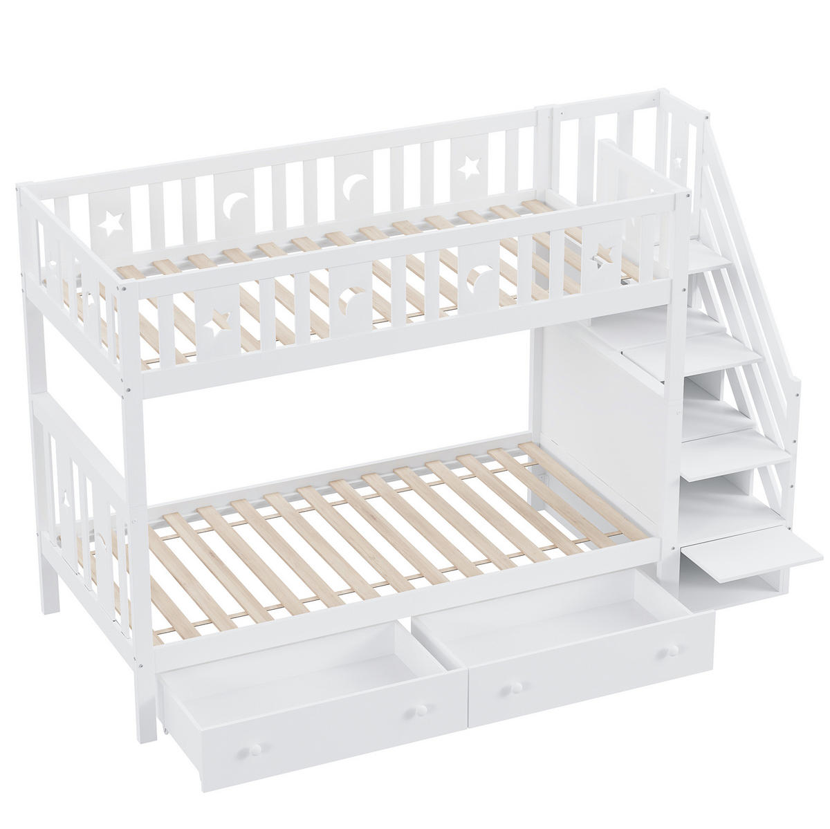 POSCHODOVÁ posteľ 90/200 cm biela s úložnými schodmi a 2 zásuvkami z borovicového dreva a MDF - biela, drevo (90/200cm) - OKWISH