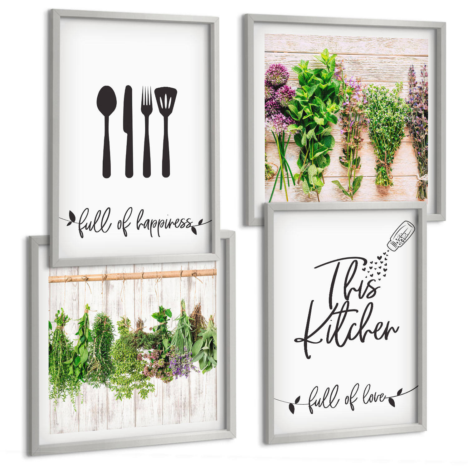 BILDER SET 4er Set - 50x50 cm & 40x60 cm Silberner Rahmen - Küchenkräuterpflanzen Beschriftungen - Silberfarben, Kunststoff (50/50cm) - TULUP