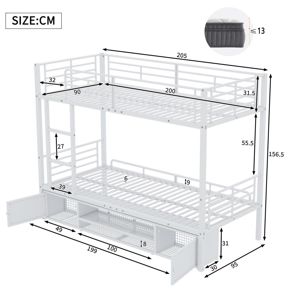 ETAGENBETT 90/200 cm aus Metall mit Schuhablage und Stauraum in Weiß - Weiß, Metall (90/200cm) - BEAOK