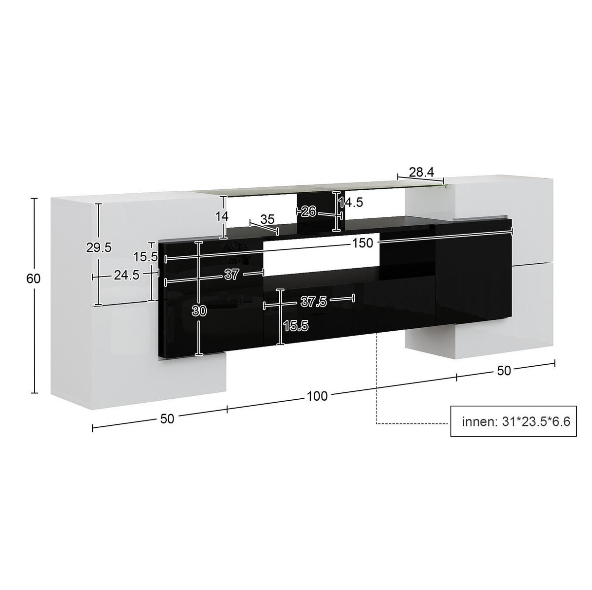TV stolek 200/35/60 cm s LED osvětlením, vysoký lesk a skleněná plocha, úložný prostor, Bílá/Černá - černá, kompozitní dřevo (200/60/35cm) - Redom