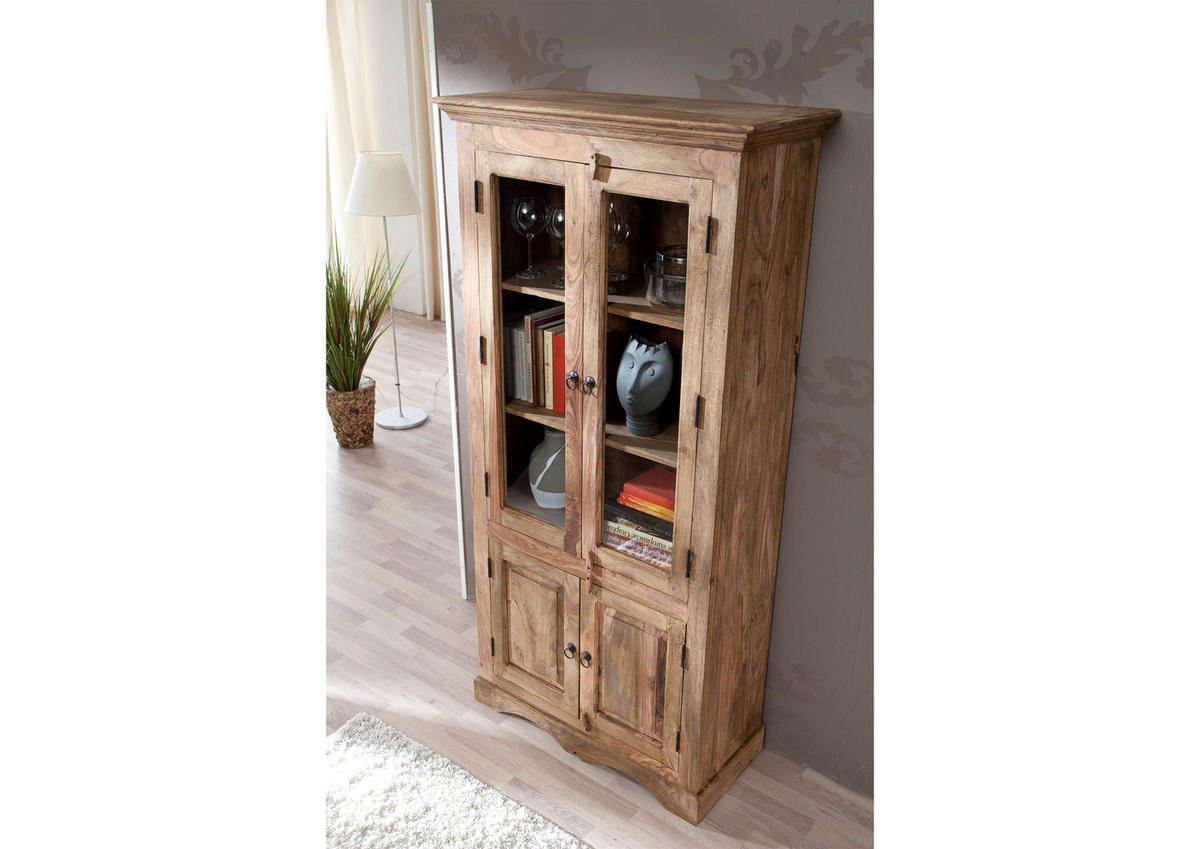 VITRINE Sheesham 90x40x190 grau geölt LEEDS #47 - Grau, Holz (90/190/40cm) - Massivmoebel24