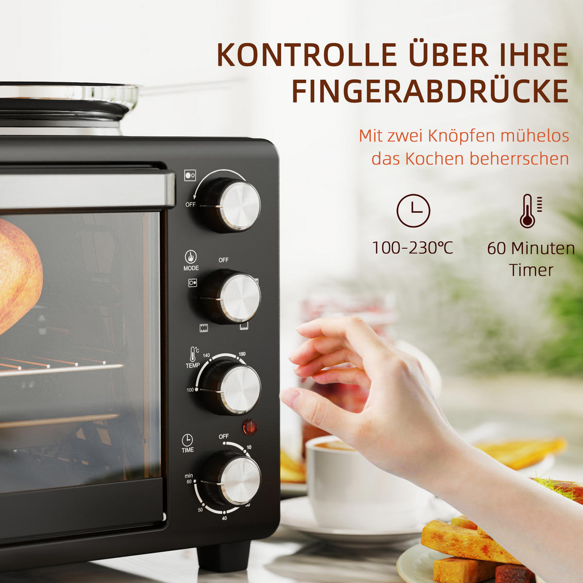 MINIBACKOFEN 28L 2600W mit 2 Kochplatten, Pizzaofen mit Backblech & Grillrost, 100-230°C, 60 Min. Timer, Schwarz - Schwarz, Metall (48.6/33/36.3cm) - Beaface