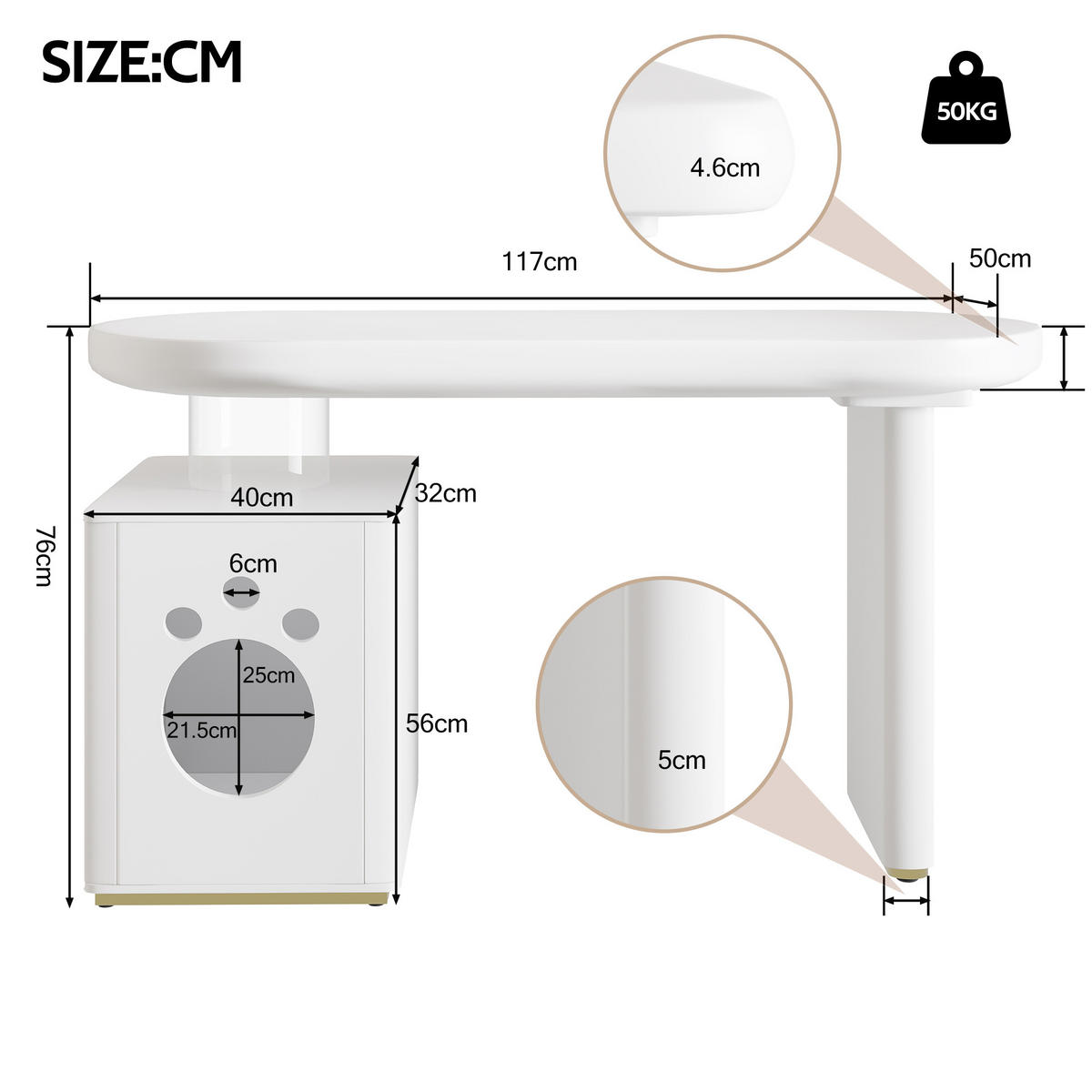 SCHREIBTISCH mit Haustierbett 117/50/76 cm weiß MDF, abgerundete Kurven - Weiß, Holzwerkstoff (117/50/76cm) - OKWISH