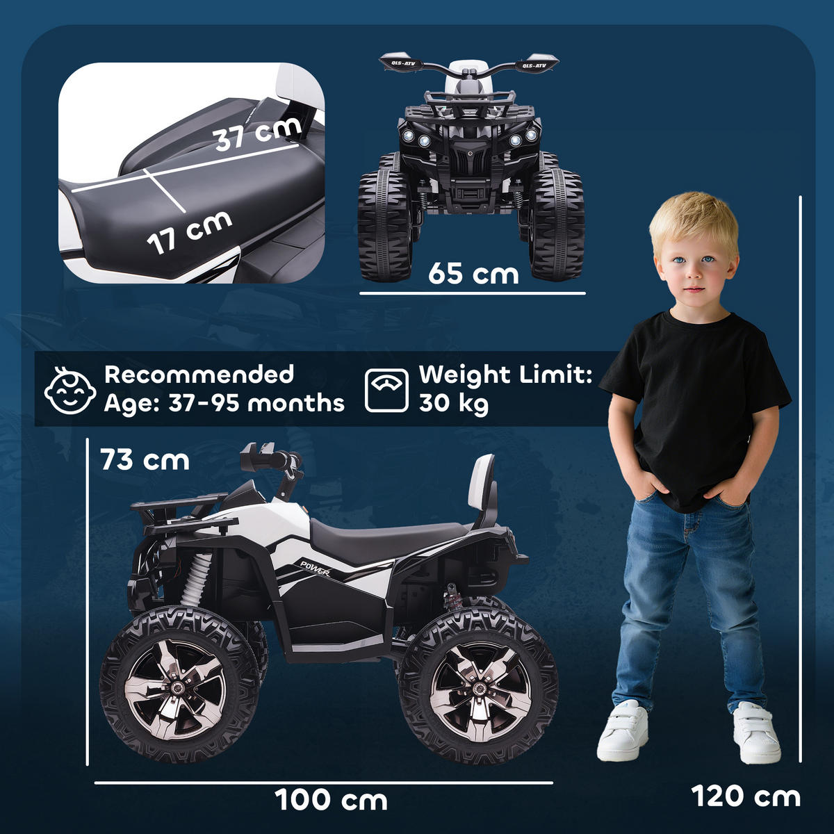 ELEKTRO-KINDERQUAD DE-06278 mit LED-Scheinwerfer und USB-Musikplayer Schwarz - Weiß, Kunststoff/Metall (100/65/73cm) - ComfortXL