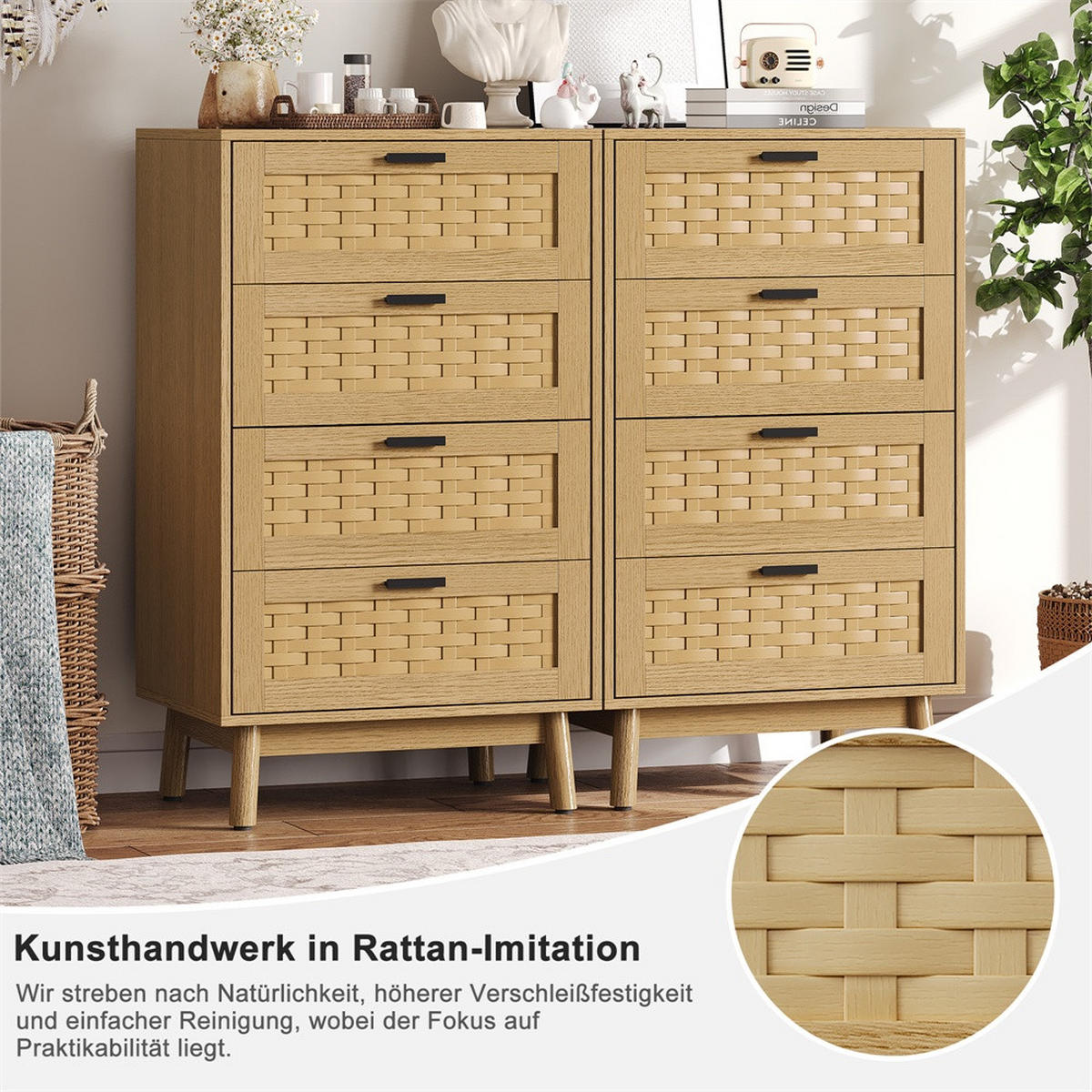 KOMMODE mit 4 Schubladen - pflegeleichtes PVC-Geflecht und Holzbeine - für Wohnzimmer&Schlafzimmer - Eiche-Optik - Eichefarben, Holzwerkstoff (39.8/95/55cm) - DELFA