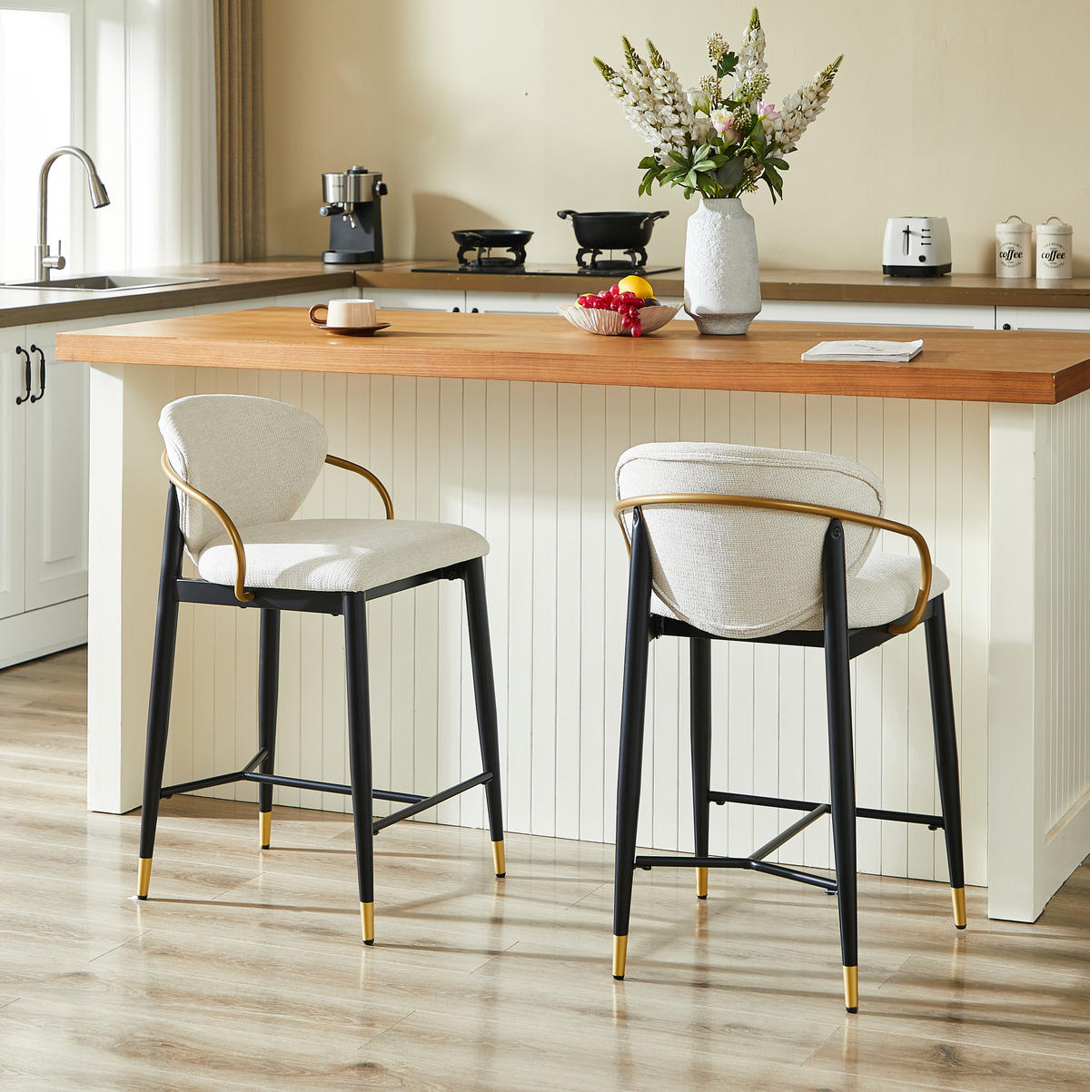 BARHOCKER 2er-Set mit Rückenlehne Chenille Beige Schwarz-Gold - Beige, Metall (52/87/57cm) - Meubliv