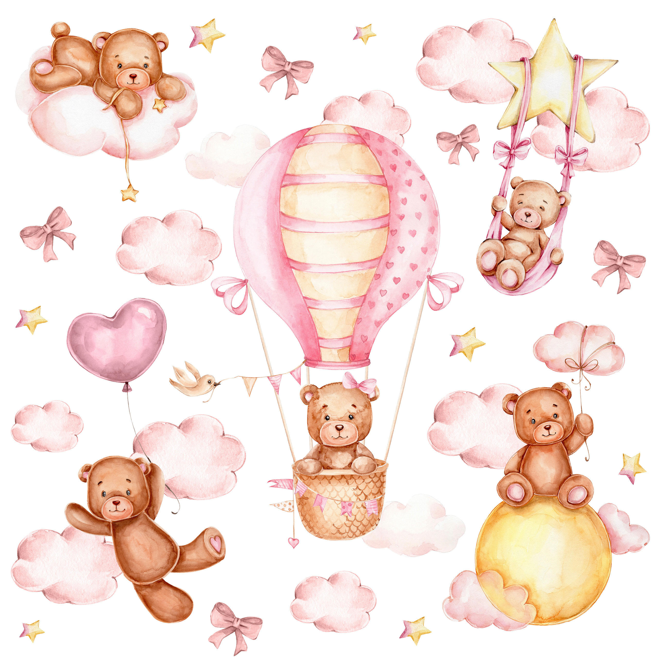 WANDSTICKER Teddybären rosa Wolken Sterne Ballons 60x30 - Gelb/Beige, Papier (60/30/1cm) - Muralo