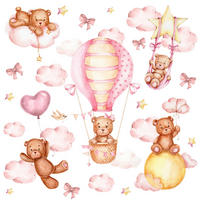 WANDSTICKER Teddybären rosa Wolken Sterne Ballons 60x30 - Gelb/Beige, Papier (60/30/1cm) - Muralo