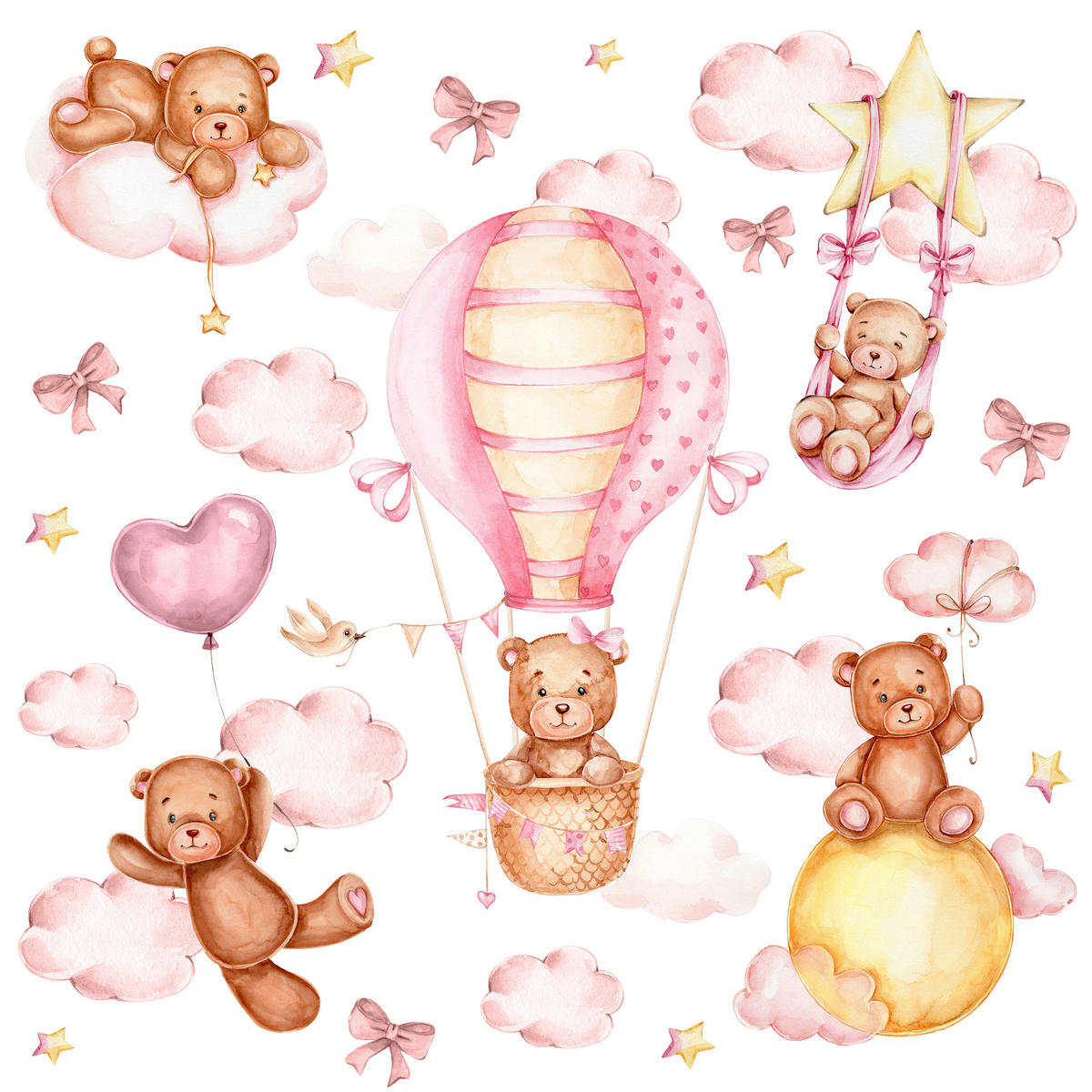 WANDSTICKER Teddybären rosa Wolken Sterne Ballons 60x30 - Gelb/Beige, Papier (60/30/1cm) - Muralo