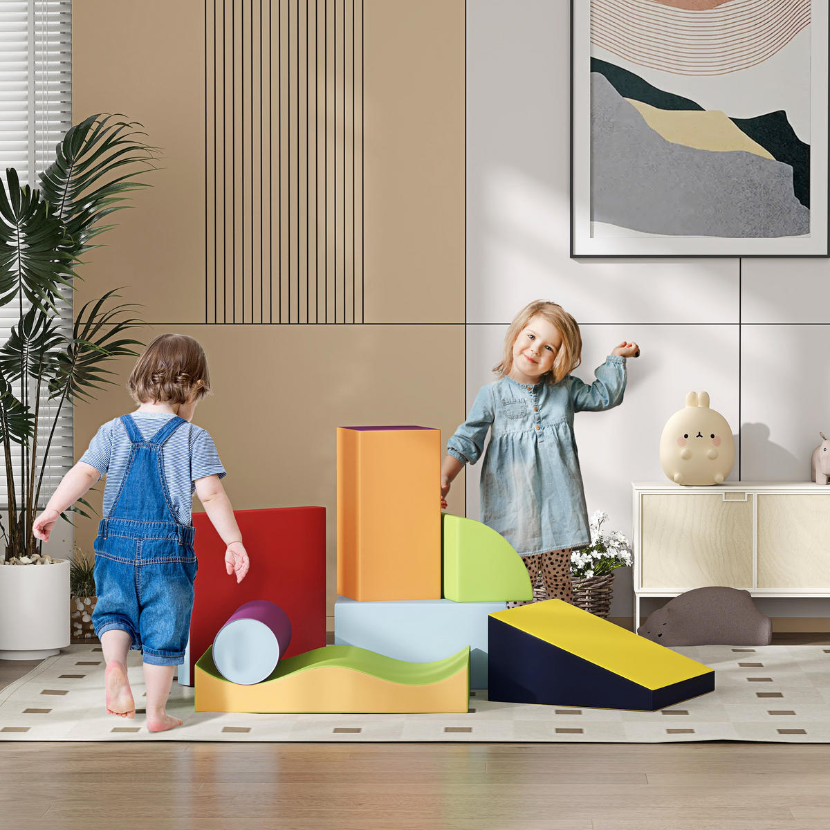 BAUSTEINSET 7er-Set Schaumstoff Bausteine Bauspielzeug für 1-3 Jahre alt Kinder - Multicolor/Mintgrün, Kunststoff (40/11/60cm) - HOMCOM