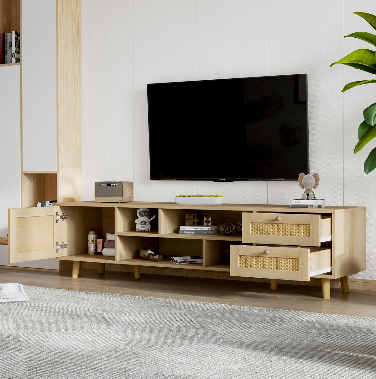 TV-SCHRANK aus Spanplatte und Rattan 160x39x40,5 cm Eichefarben mit Kabelmanagement, 2 Schubladen und höhenverstellbaren Füßen - Naturfarben, Holzwerkstoff (160/40/39cm) - Modfu