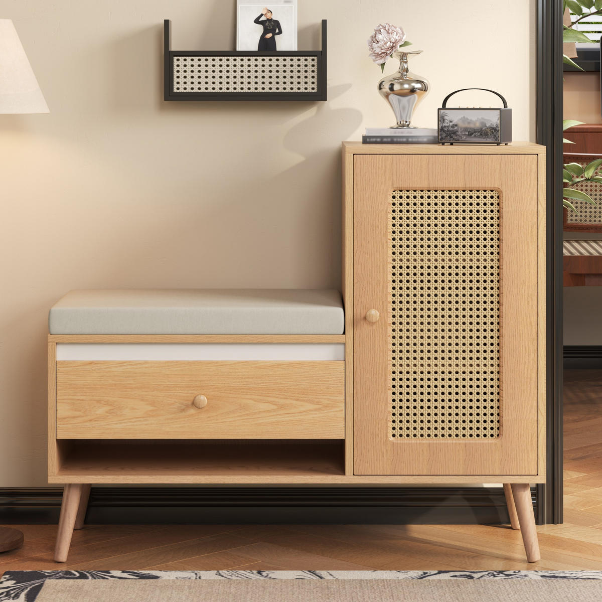 SCHUHSCHRANK Rattan Bank Sitzpolster Schubladen Stauraum - Naturfarben, Holz (95.5/80.5/35cm) - LEBENLANG