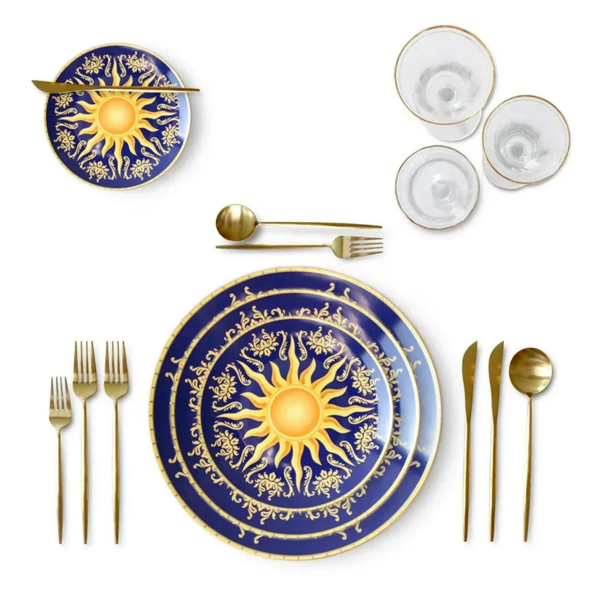 TELLERSET Royal Blue Sun Bone China Blau Gold 4tlg Ø30 Ø27 Ø20 Ø16 cm - Gelb/Goldfarben, Keramik (30/2/2cm) - Quality Elegance