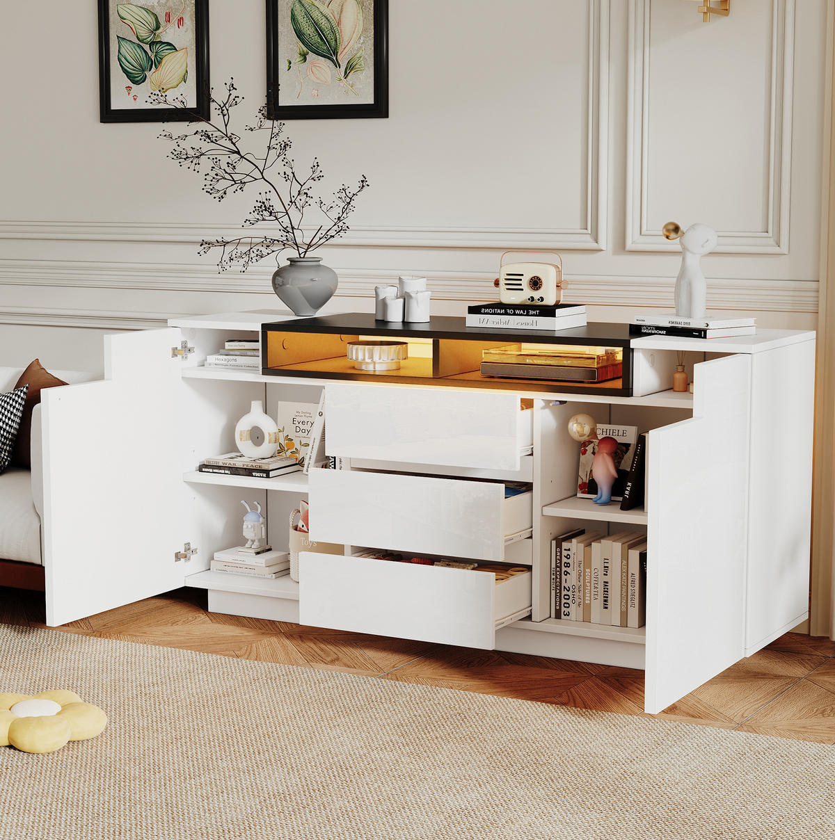 SIDEBOARD 140/40/68 cm Weiß/Schwarz aus Spanplatte mit LED-Beleuchtung - Weiß, Holzwerkstoff (40/68/140cm) - OKMYHOME