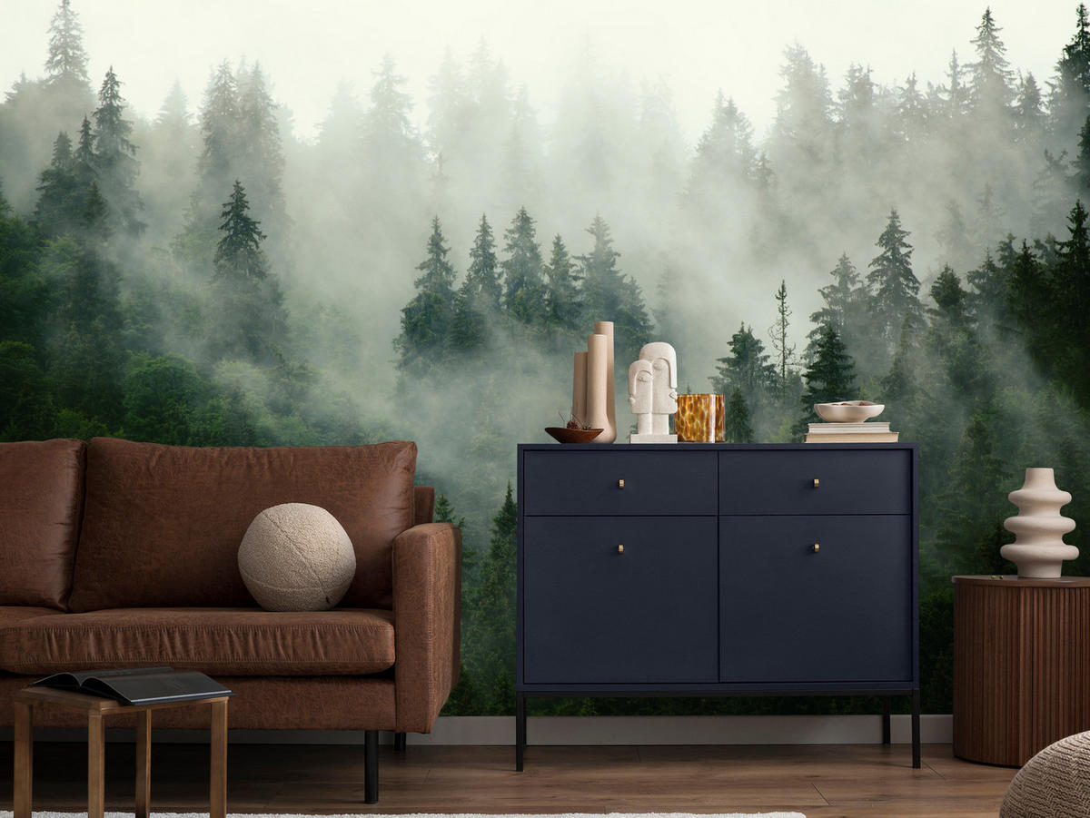 FOTOTAPETE Wald im Nebel Natur Landschaft 3D 450x315 - Grau/Grün, Papier (450/315cm) - Muralo