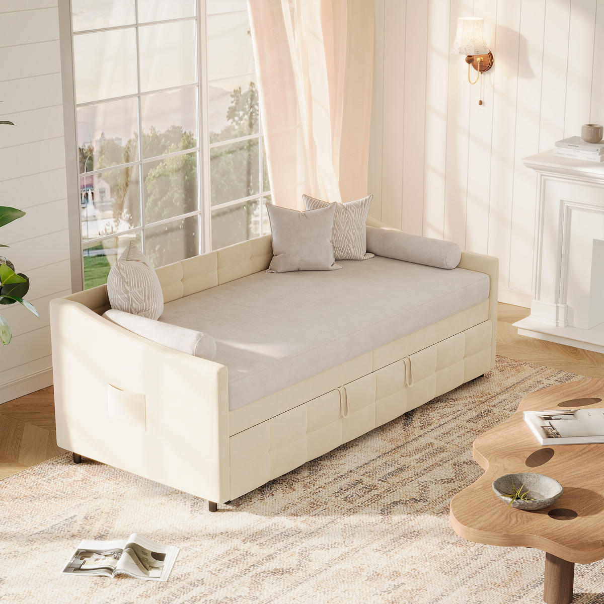 SCHLAFSOFA 90x200 cm Creme Samt Ausziehbar - Creme, Metall (90/200cm) - SHOPENTRA