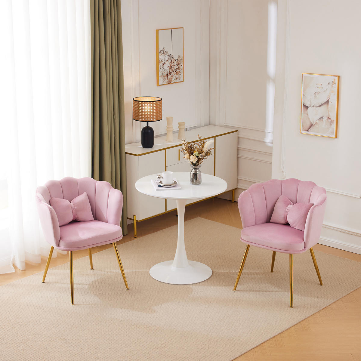 STUHL SET 2-TEILIG Samt Polster Blütenblatt-Rücken Goldfüße & Kissen Rosa - Pink, Holz (62/43/54cm) - FLIEKS