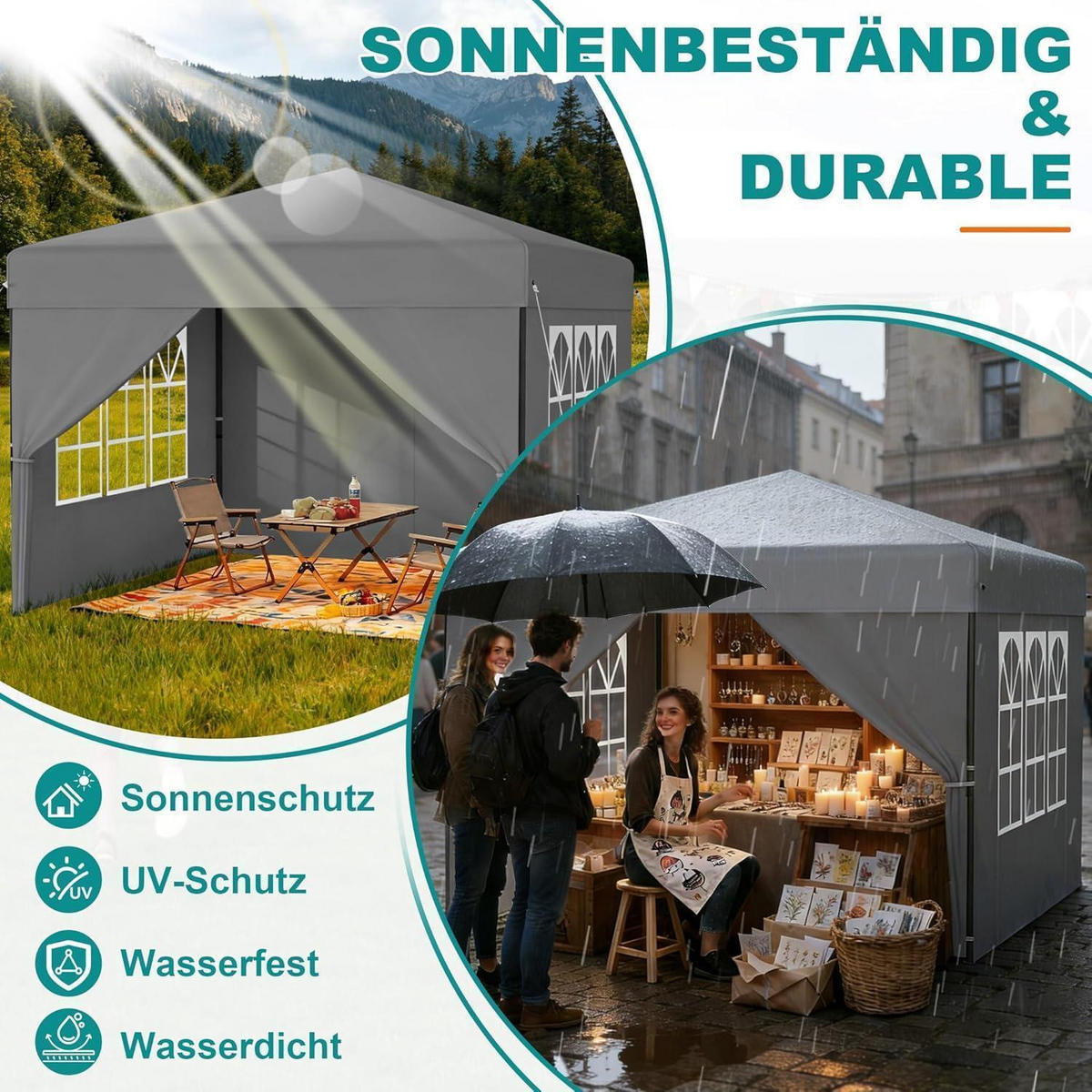 FALTPAVILLON 3x3 m mit Seitenwänden Silbergrau - Grau, Textil (300/260/300cm)