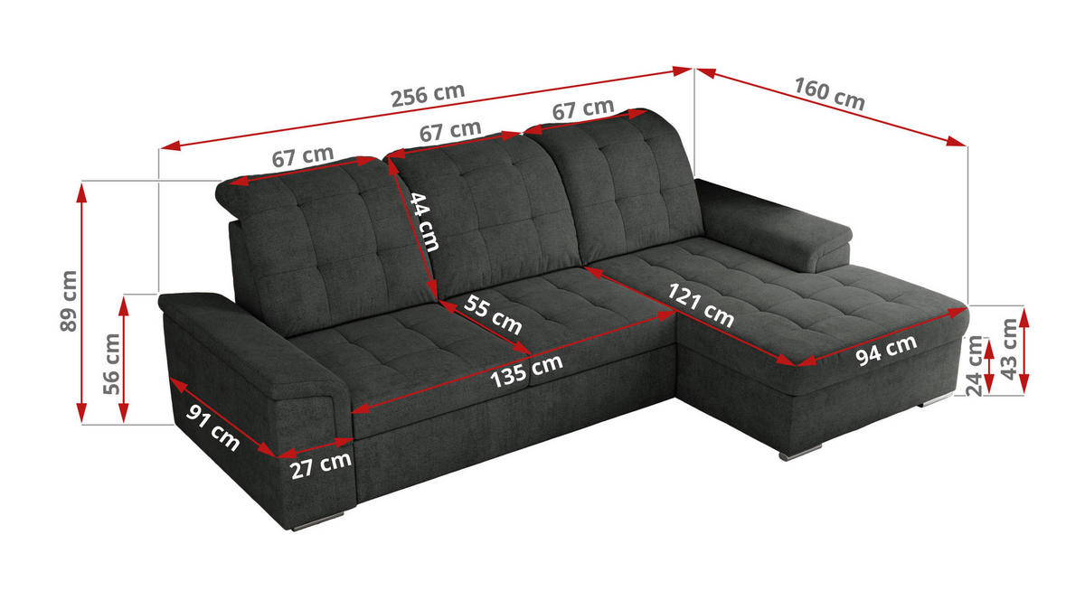 ECKSOFA MADRITO L - Dunkelgrau Struktur - Rechts - Dunkelgrau/Silberfarben, Textil/Metall (256/160cm)
