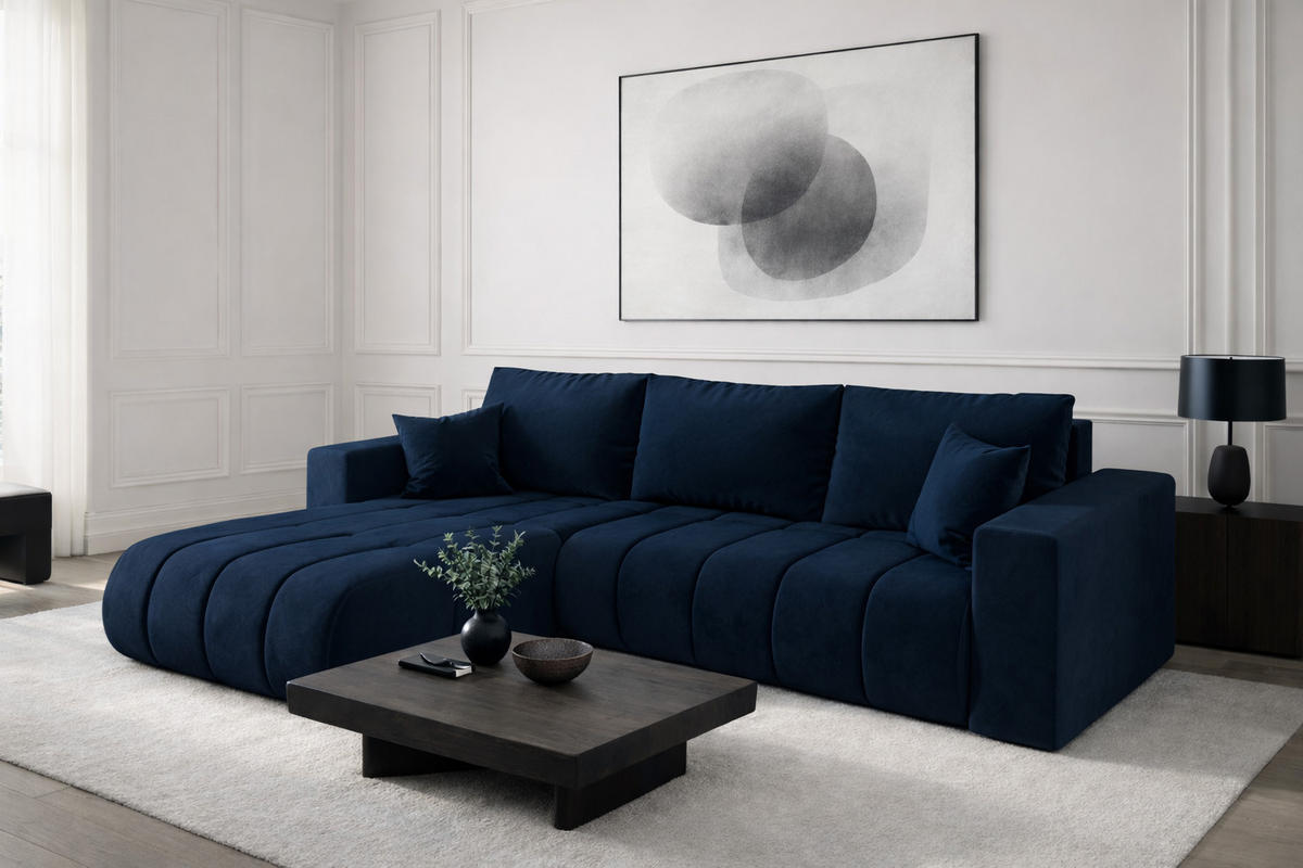 ECKSOFA mit schlaffunktion und bettkasten MILO PREMIUM, stoff MONOLITH, Dunkelblau, Links - Dunkelblau, Holz (280/190cm) - Kaiser Möbel