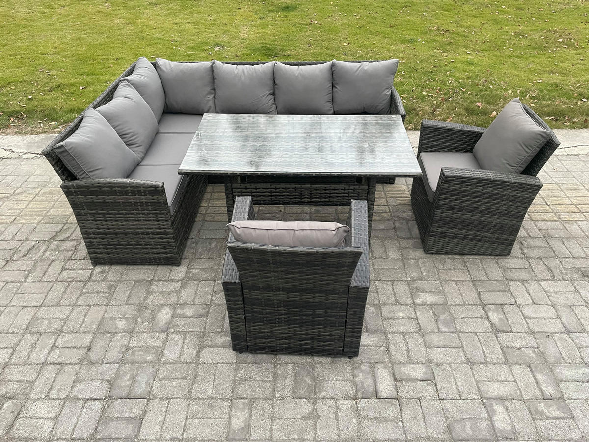 SITZGRUPPE mit Esstisch Polyrattan Dunkelgrau 8-Sitzer - Dunkelgrau/Grau, Glas/Kunststoff - Fimous