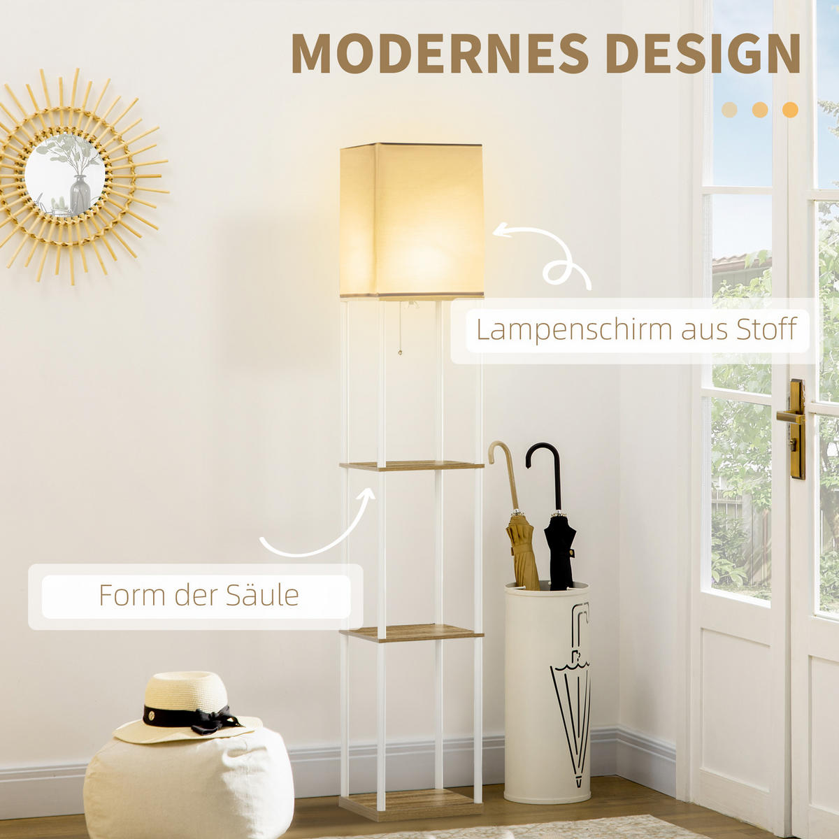 STEHLAMPE, Stehleuchte mit 3 Fächern, E27 Sockel, Weiß, exkl. Glühbirne - Weiß, Holzwerkstoff (26/26/159cm) - HOMCOM