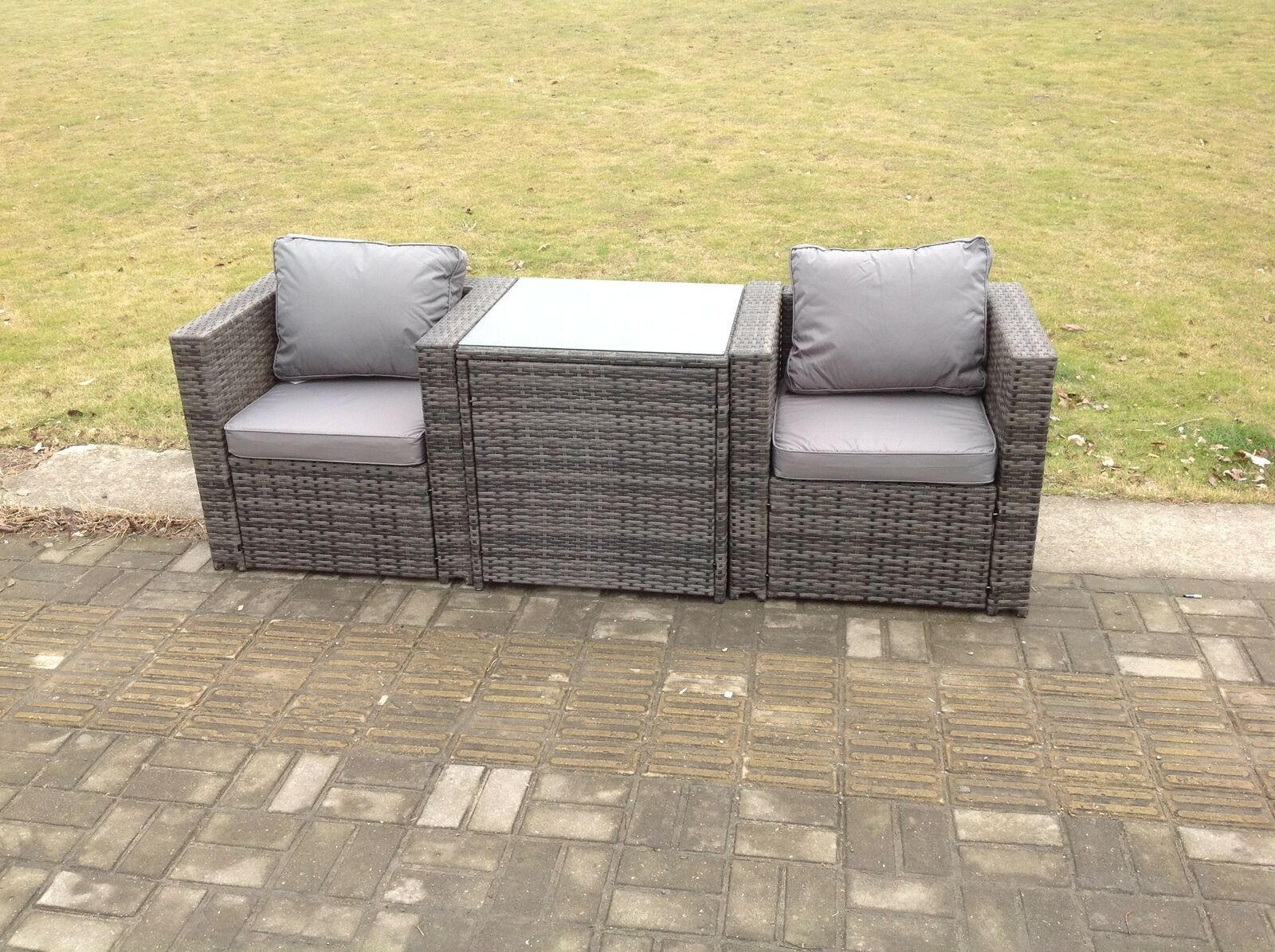 GARTENMÖBELSET mit Couchtisch Polyrattan 2-Sitzer - Dunkelgrau/Grau, Glas/Kunststoff - Fimous