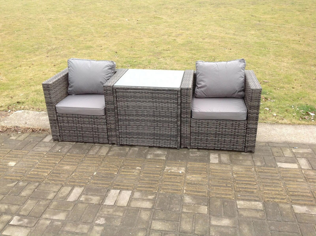 GARTENMÖBELSET mit Couchtisch Polyrattan 2-Sitzer - Dunkelgrau/Grau, Glas/Kunststoff - Fimous