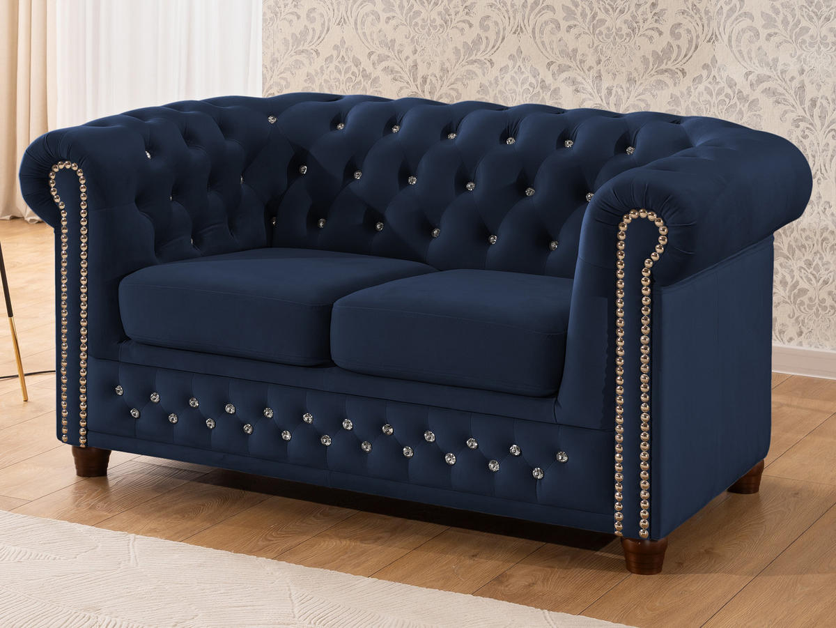 SITZGARNITUR 3+2 Chesterfield Cleo Blink Marineblau Samt mit Kristallsteppung und braunen Massivholzfüßen - Blau/Braun, Holz/Textil (203/72/86cm) - S-Style Möbel