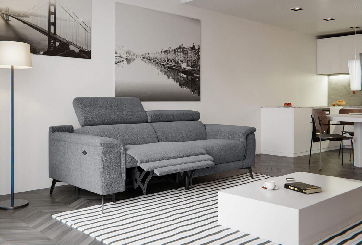 RELAXSOFA FIERO 3-Sitzer mit 1 Relaxfunktion, grau - Schwarz/Grau, Holzwerkstoff/Textil (212/82/103cm) - Courtois Laville