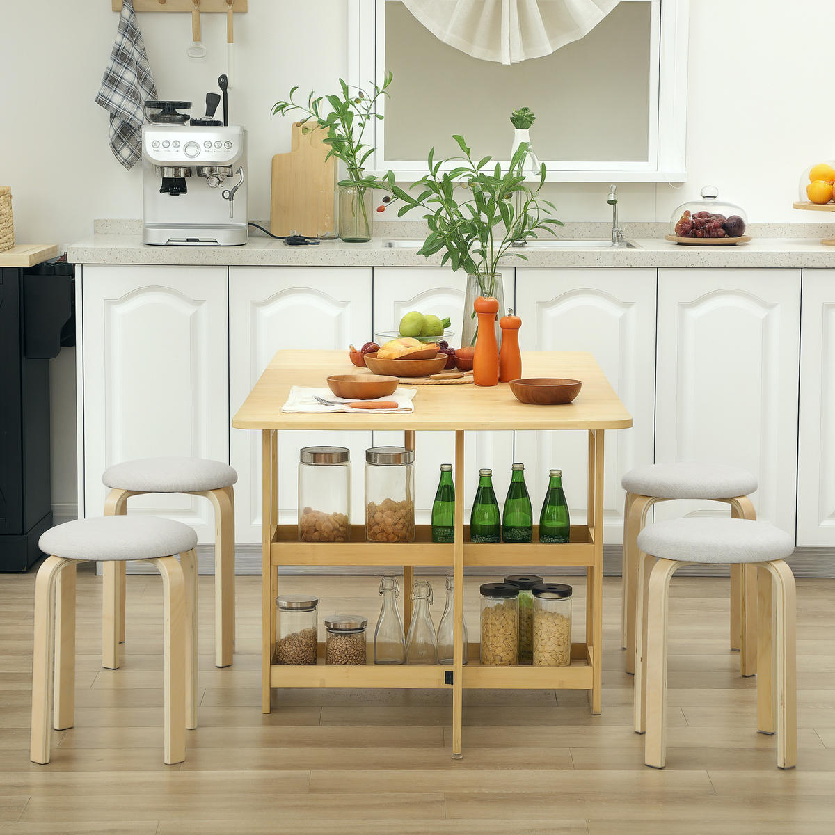 4ER Set Esszimmerhocker Stapelhocker Hocker mit Leinenoptik für Wohnzimmer Creme - Weiß, Holzwerkstoff (40/45/40cm) - HOMCOM