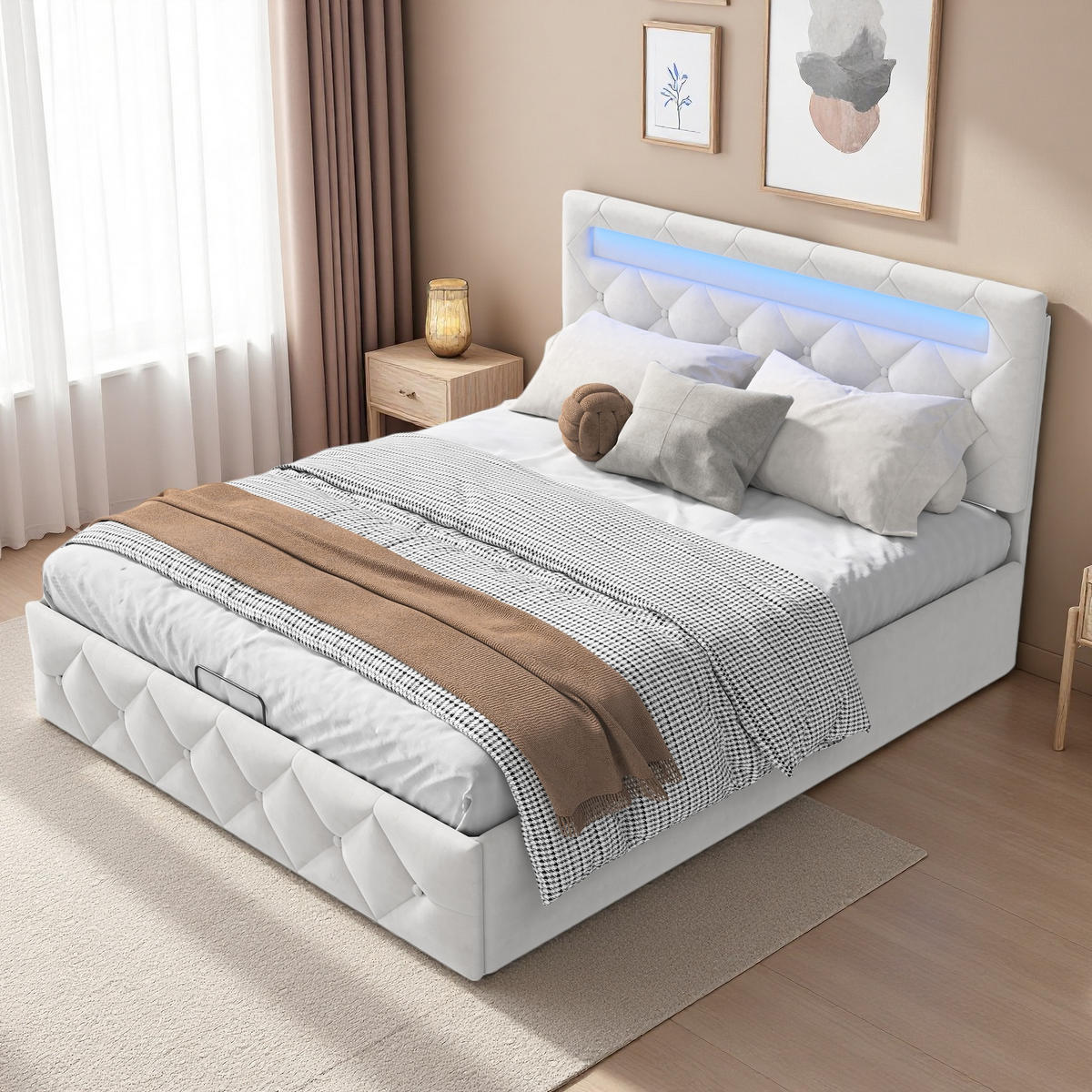 POLSTERBETT 140x200 cm Apricot Stoff LED USB Gaslift Bettkasten - Beige, Holz (140/200cm) - SHOPENTRA