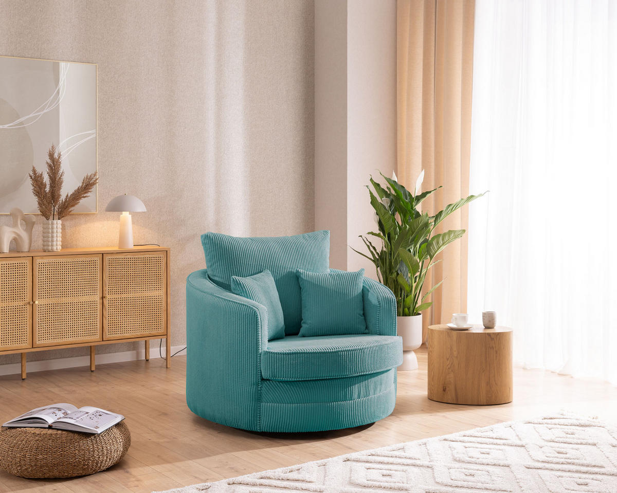 DREHSESSEL Ted aus Türkis Cord-Stoff - Türkis/Schwarz, Holz/Textil (107/94/100cm) - S-Style Möbel