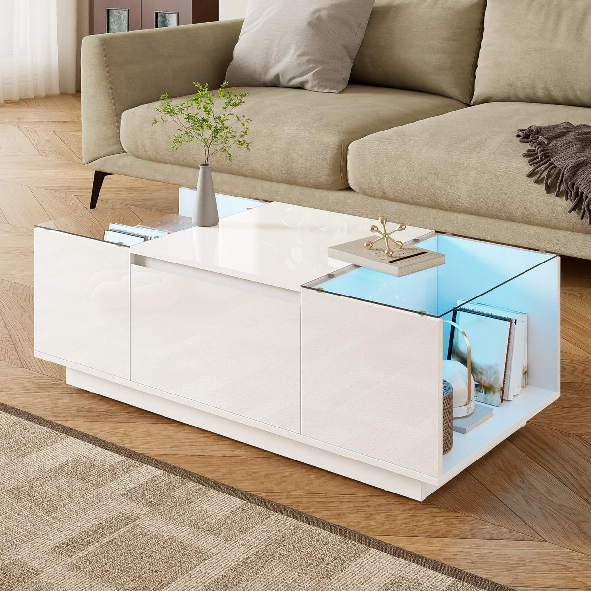 COUCHTISCH Weiß 105 cm mit Stauraum und LED - Weiß, Metall (105/50/35cm)