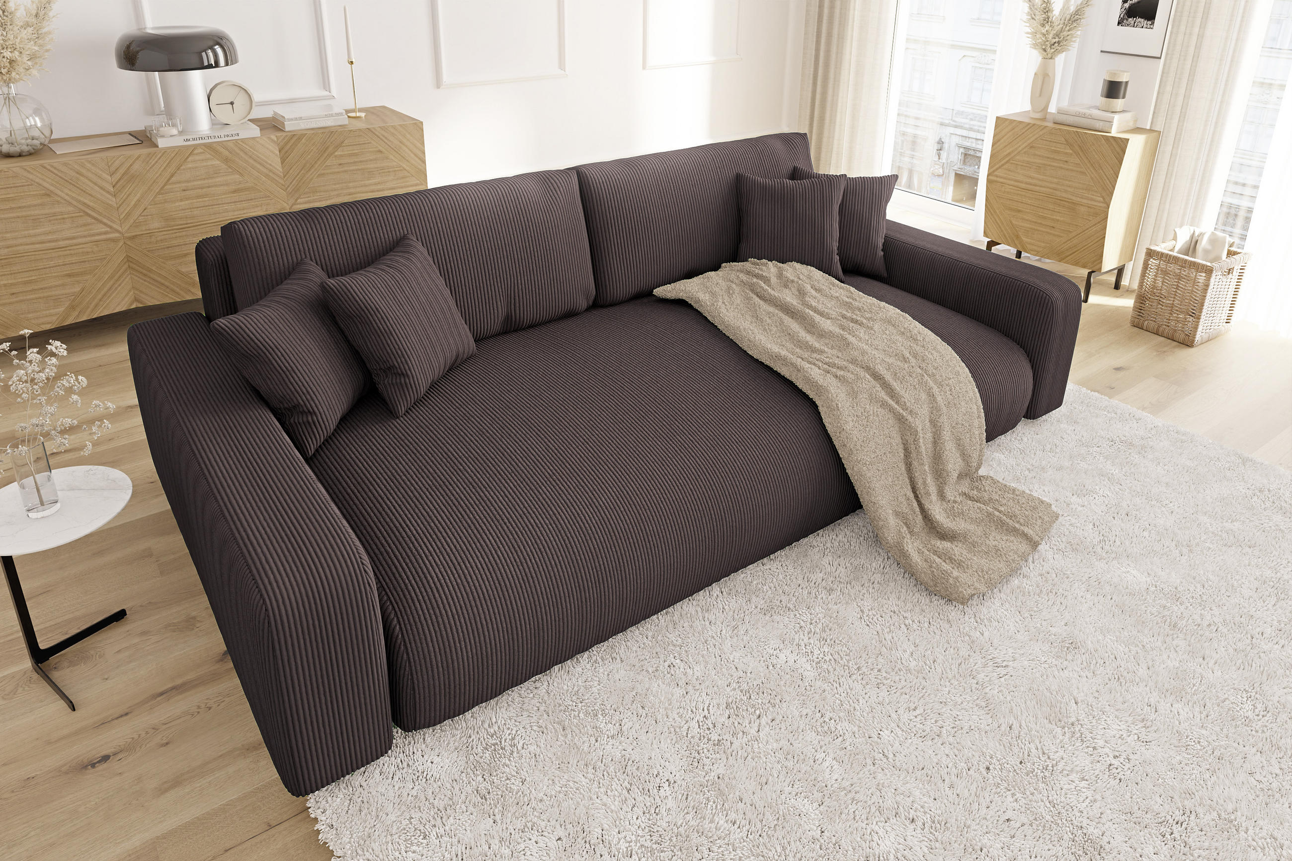 BIGSOFA Emma Dunkelbraun Cord - Dunkelbraun/Schwarz, Holz/Kunststoff (234/78/122cm) - S-Style Möbel