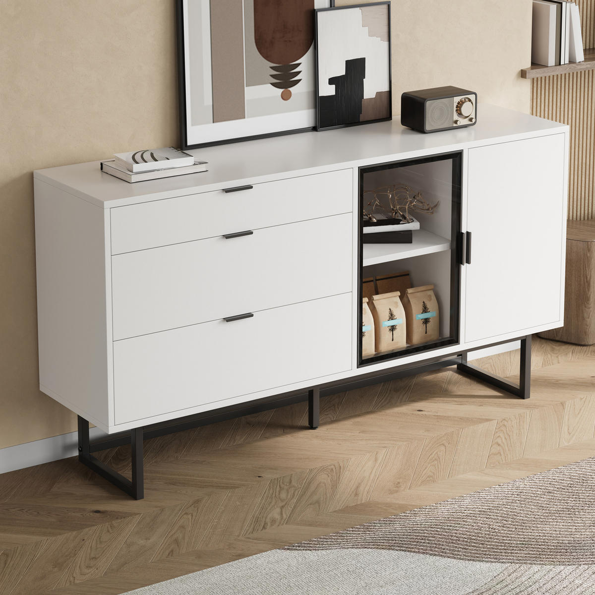 SIDEBOARD in Weiß Kommode mit 3 Schubladen, Glastüren und LED-Lichtleiste für Esszimmer und Wohnzimmer, B160T36/H78cm - Transparent/Schwarz, Holzwerkstoff/Metall (160/78/36cm) - STILVORA