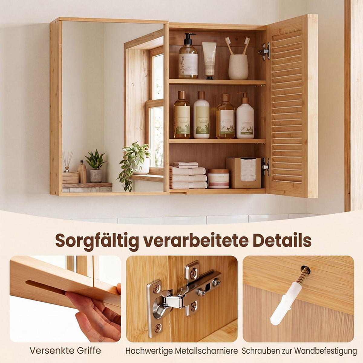 SPIEGELSCHRANK BAD aus Bambus natur - Naturfarben, Naturmaterialen (65/50.5/14cm) - COSTWAY