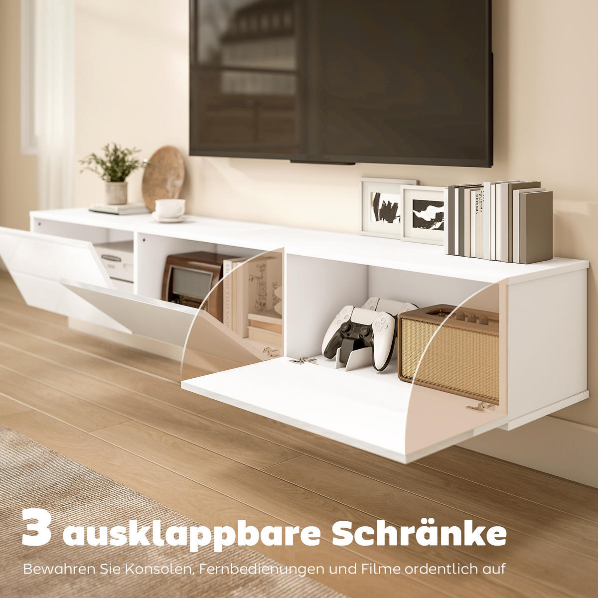 TV Schrank Lowboard hängend 180 cm für Fernseher bis zu 82 Zoll Weiß - Weiß Hochglanz/Weiß, Holzwerkstoff (31.5/29.8/180cm) - HOMCOM