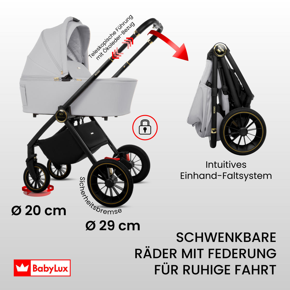 KINDERWAGEN Rosso 4in1 Silber Babywanne, Reisebuggy, Autositz, Isofix Basis - Silberfarben/Schwarz, Textil/Metall (58/98cm) - BabyLux