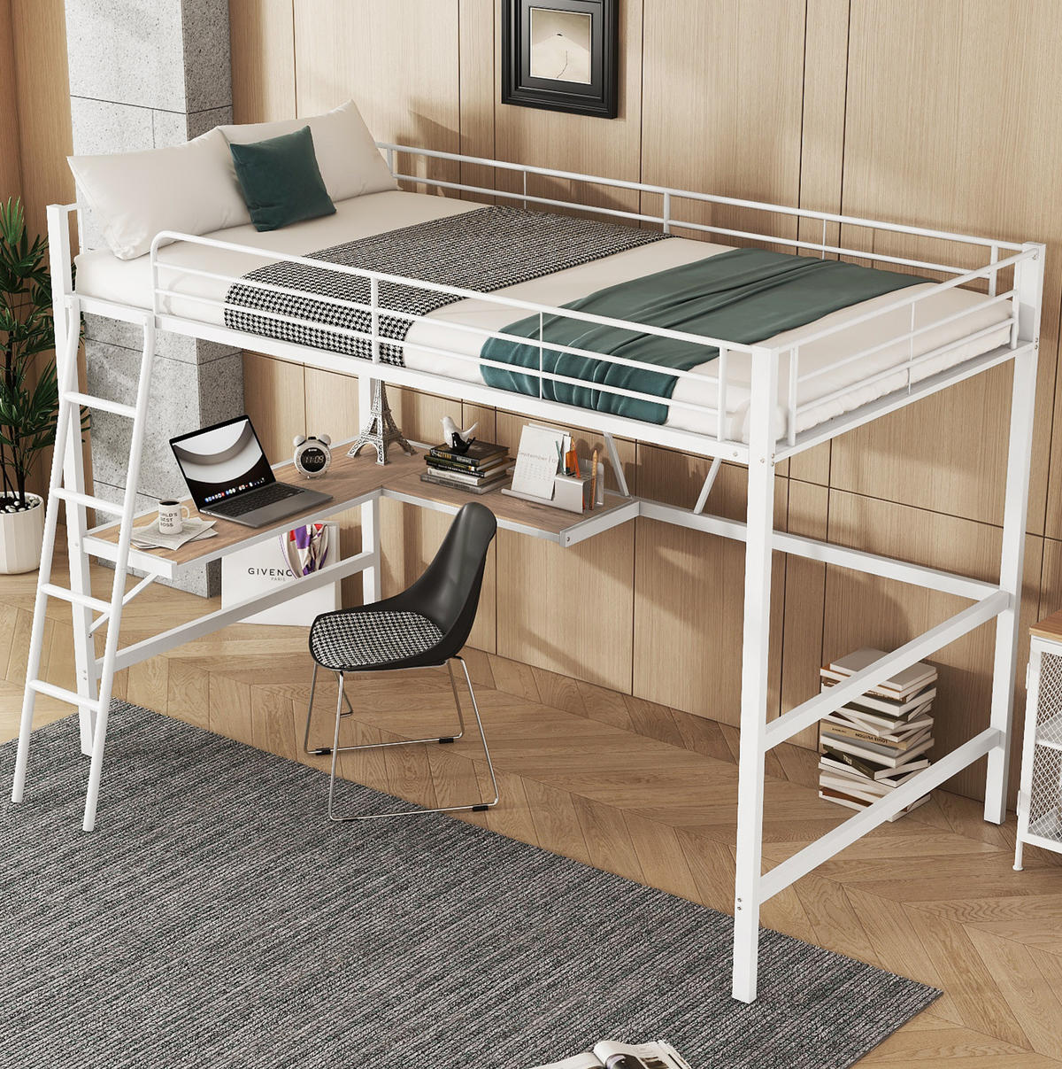 HOCHBETT 90/200 cm aus Metall/MDF mit L-förmigem Schreibtisch und Regal Weiß - Weiß, Metall (90/200cm) - Modenvie