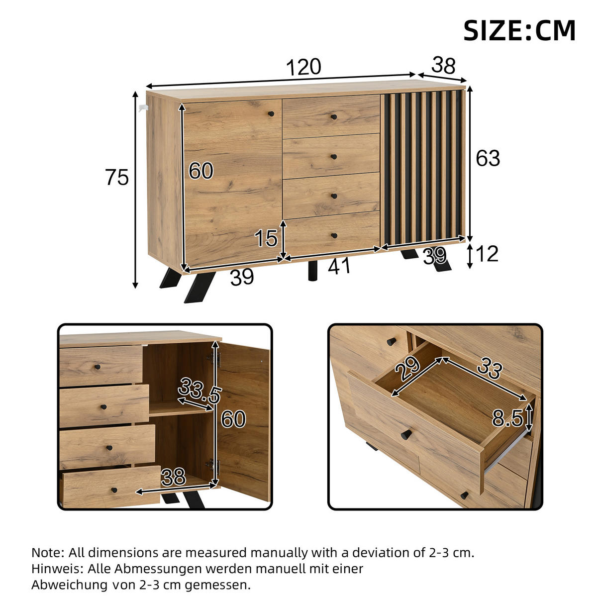 KOMODA 120/38/75 cm crna i prirodna od MDF-a s 4 ladice i 2 ormarića - crna, drvni materijal (120/75/38cm) - OKWISH