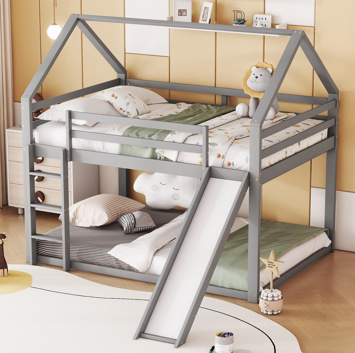 ETAGENBETT aus Kiefer und MDF 140x200 cm Grau mit Rutsche, Leiter und Hausform - Grau, Holzwerkstoff (140/200cm) - Modfu