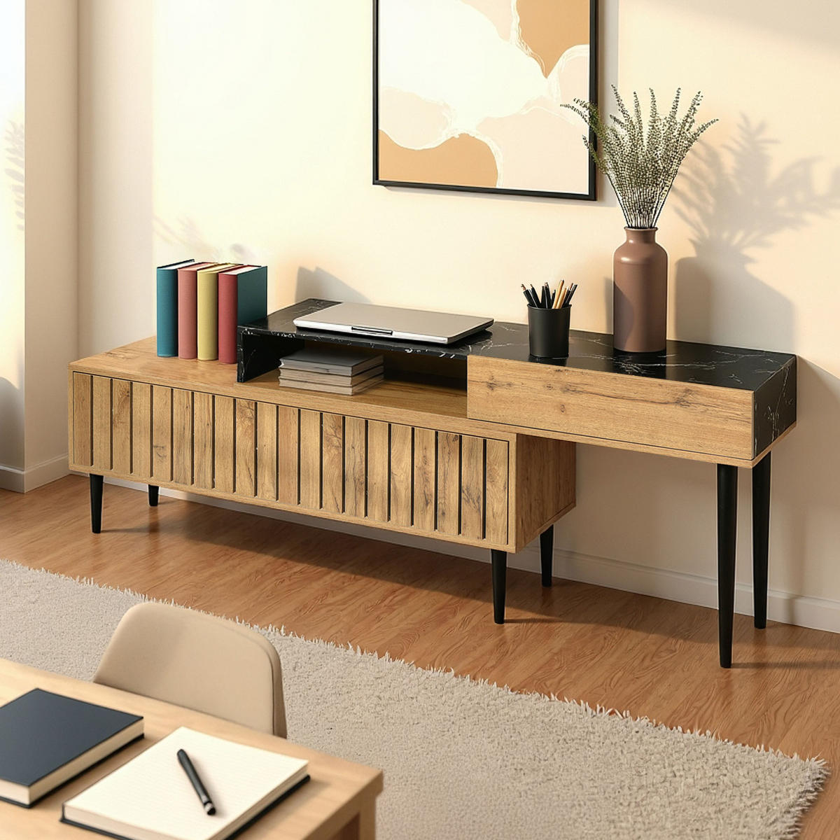 SIDEBOARD mit schwarzem Marmor-Effekt, 3 Schubladen - Braun, Holzwerkstoff (200/58/26.5cm) - Urban Meuble