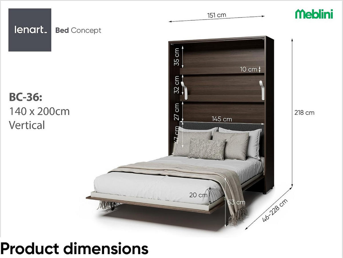 SCHRANKBETT BED CONCEPT BC-36 - Eichefarben/Graphitfarben, Holzwerkstoff (140/200cm)